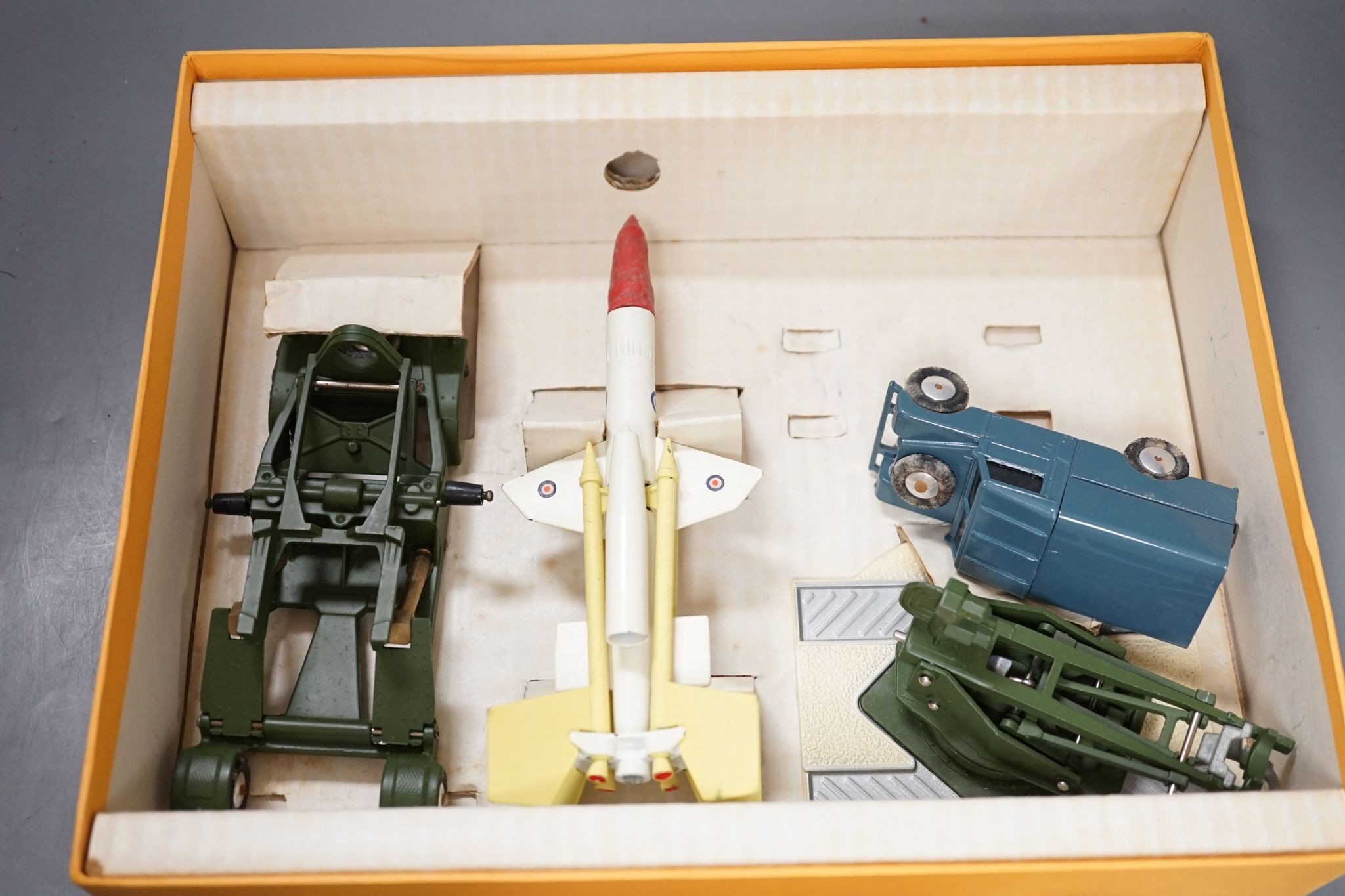 A Corgi 1106 Decca mobile airfield radar, a 1102 Euclid TC-12 tractor with dozer blade and Gift Set 4 bloodhound guided missile with ramp trolley and RAF Land Rover, all boxed